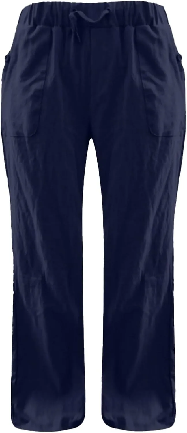 Linen Pants for Women Fashionable High Waist Drawstring Wide Leg Ladies Casual Pants Petite Linen Pants