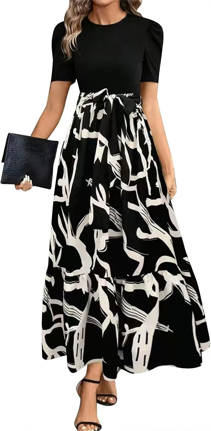 Long Floral Dresses for Women 2025 Elegant Boho Tie Belted Patchwork Empire Waist Short Sleeve Modest Flowy Maxi Dress