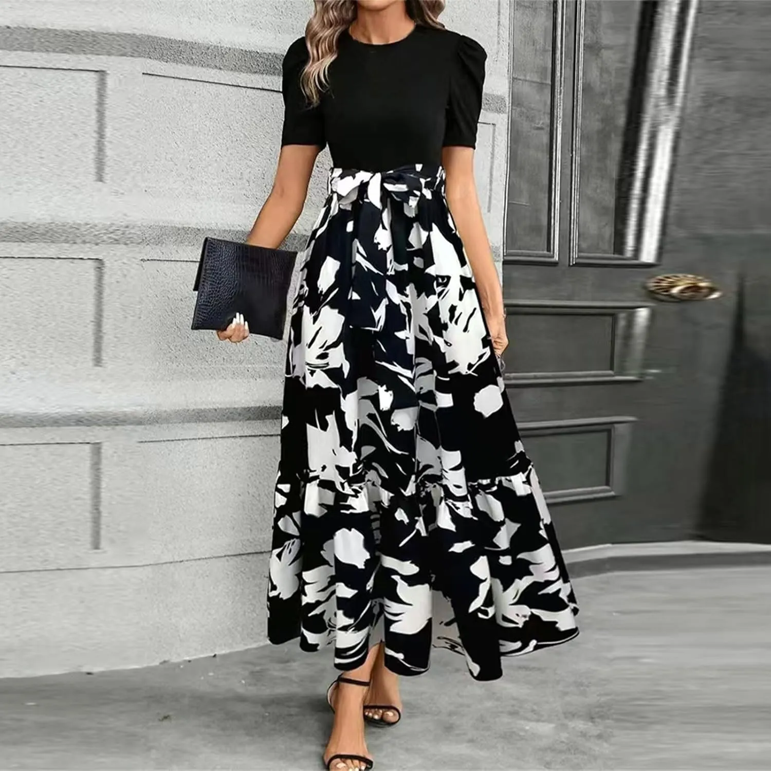 Long Floral Dresses for Women 2025 Elegant Boho Tie Belted Patchwork Empire Waist Short Sleeve Modest Flowy Maxi Dress