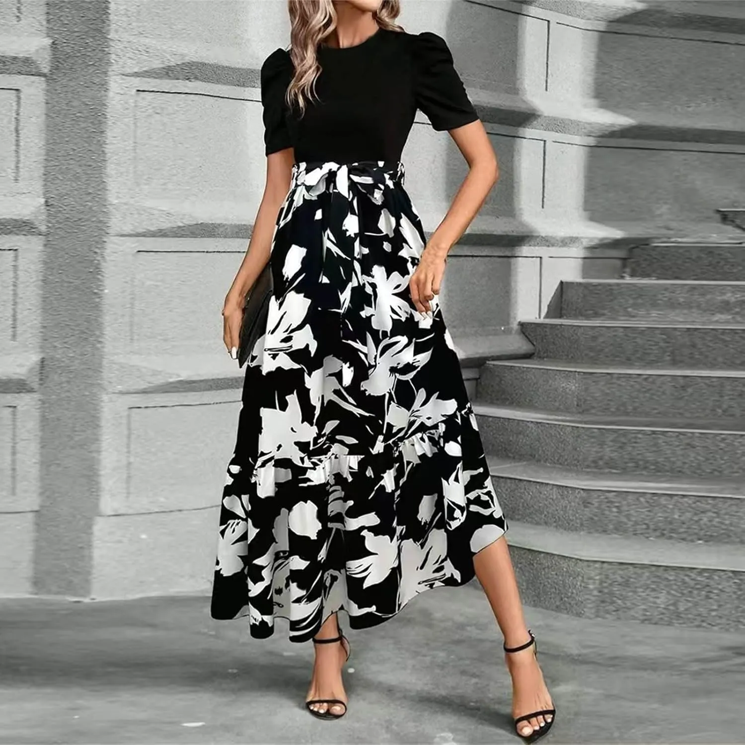 Long Floral Dresses for Women 2025 Elegant Boho Tie Belted Patchwork Empire Waist Short Sleeve Modest Flowy Maxi Dress