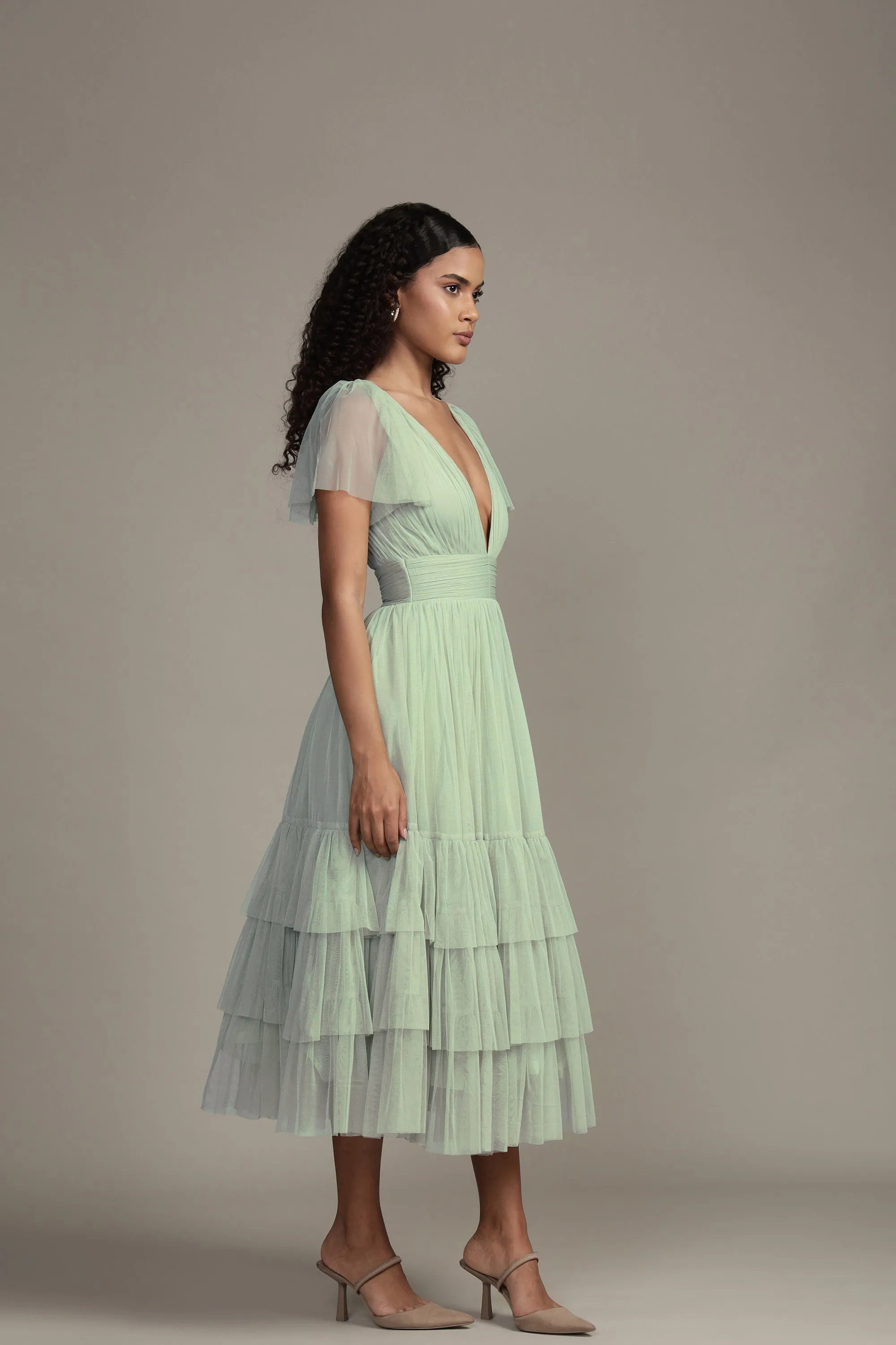 Madison Sage Green Tulle Bridesmaid Midi Dress