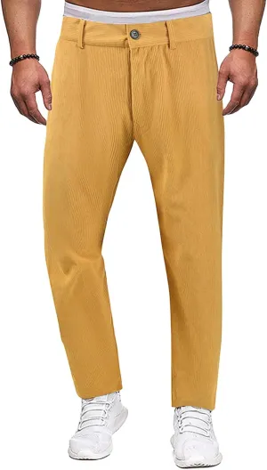 Men's Button Corduroy Pants Regular Fit Casual Elastic Waist Straight Leg Pants for Casual Wear Everyday