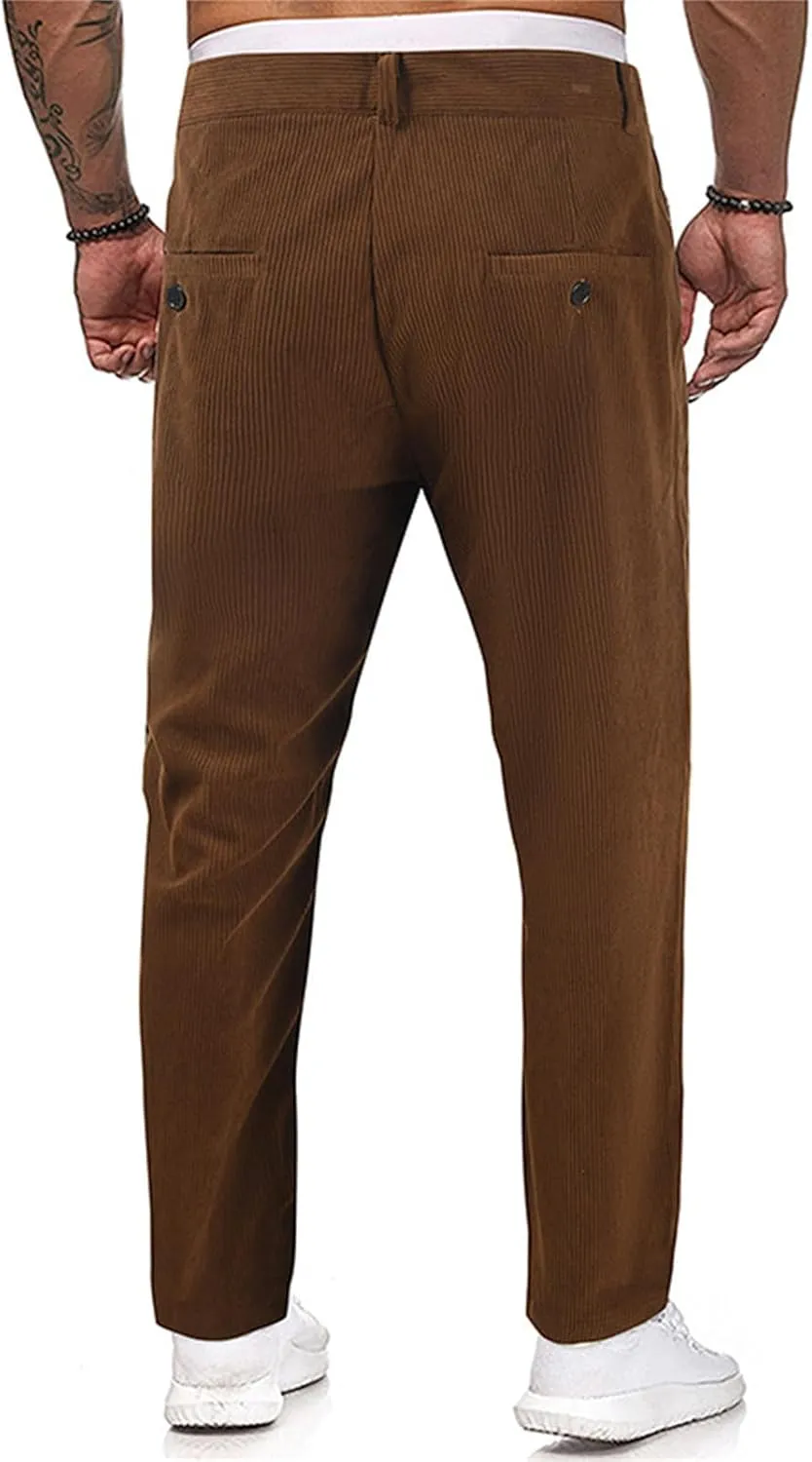 Men's Button Corduroy Pants Regular Fit Casual Elastic Waist Straight Leg Pants for Casual Wear Everyday