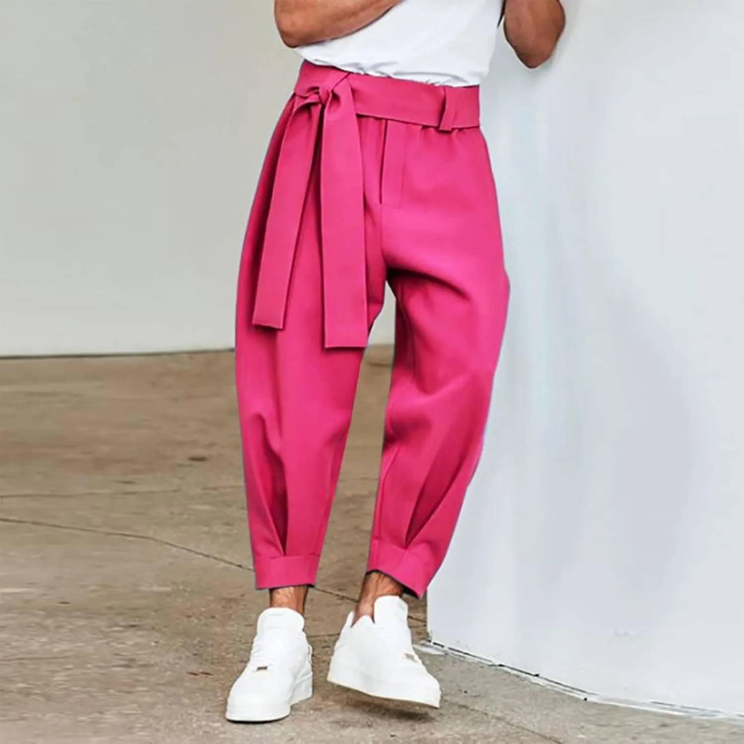 Men's Capri Pants High Waisted Adjustable Wide Tie Knot Pants Dress Pants Wide Leg Palazzo Pants for Business Casual Wear