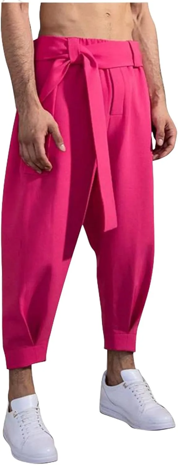 Men's Capri Pants High Waisted Adjustable Wide Tie Knot Pants Dress Pants Wide Leg Palazzo Pants for Business Casual Wear
