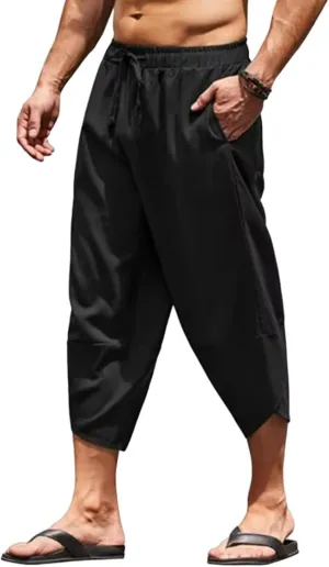 Men's Capri Pants Lightweight Casual Linen Pants Drawstring Elastic Waist with Pockets for Beach Yoga Casual Wear