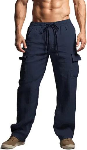 Men's Cargo Linen Pants Lightweight Casual Elastic Waist Joggers Long Pants Drawstring with Pockets Fit for Outdoors