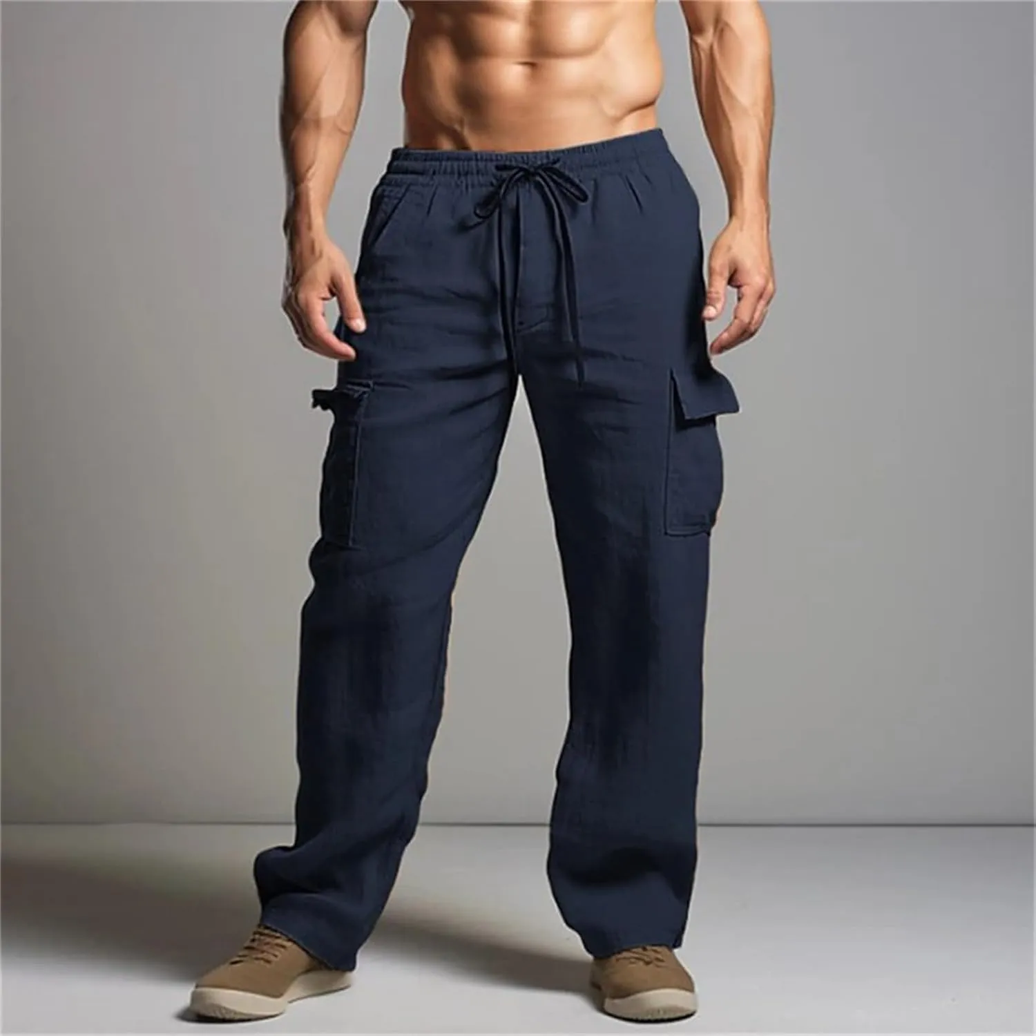 Men's Cargo Linen Pants Lightweight Casual Elastic Waist Joggers Long Pants Drawstring with Pockets Fit for Outdoors