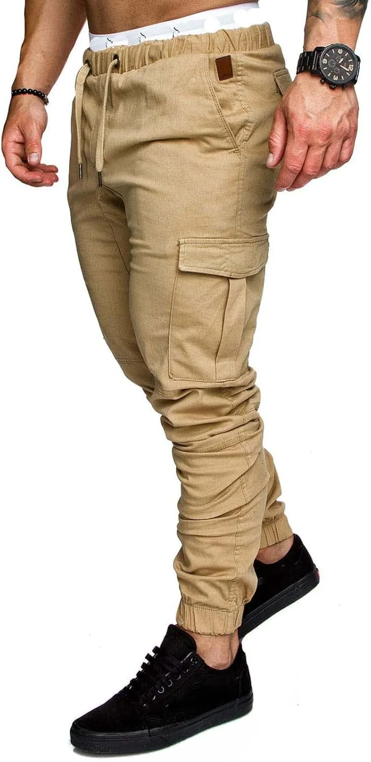 Men's Casual Cargo Pants Cotton Tapered Stretch Elastic Drawstring Trousers with Multiple Pockets