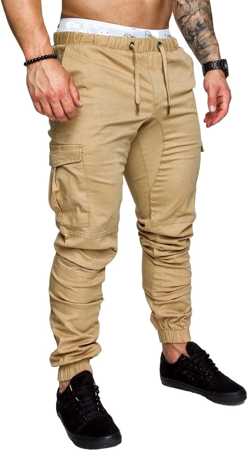 Men's Casual Cargo Pants Cotton Tapered Stretch Elastic Drawstring Trousers with Multiple Pockets