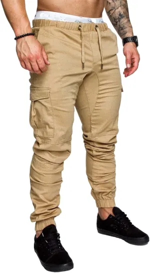 Men's Casual Cargo Pants Cotton Tapered Stretch Elastic Drawstring Trousers with Multiple Pockets