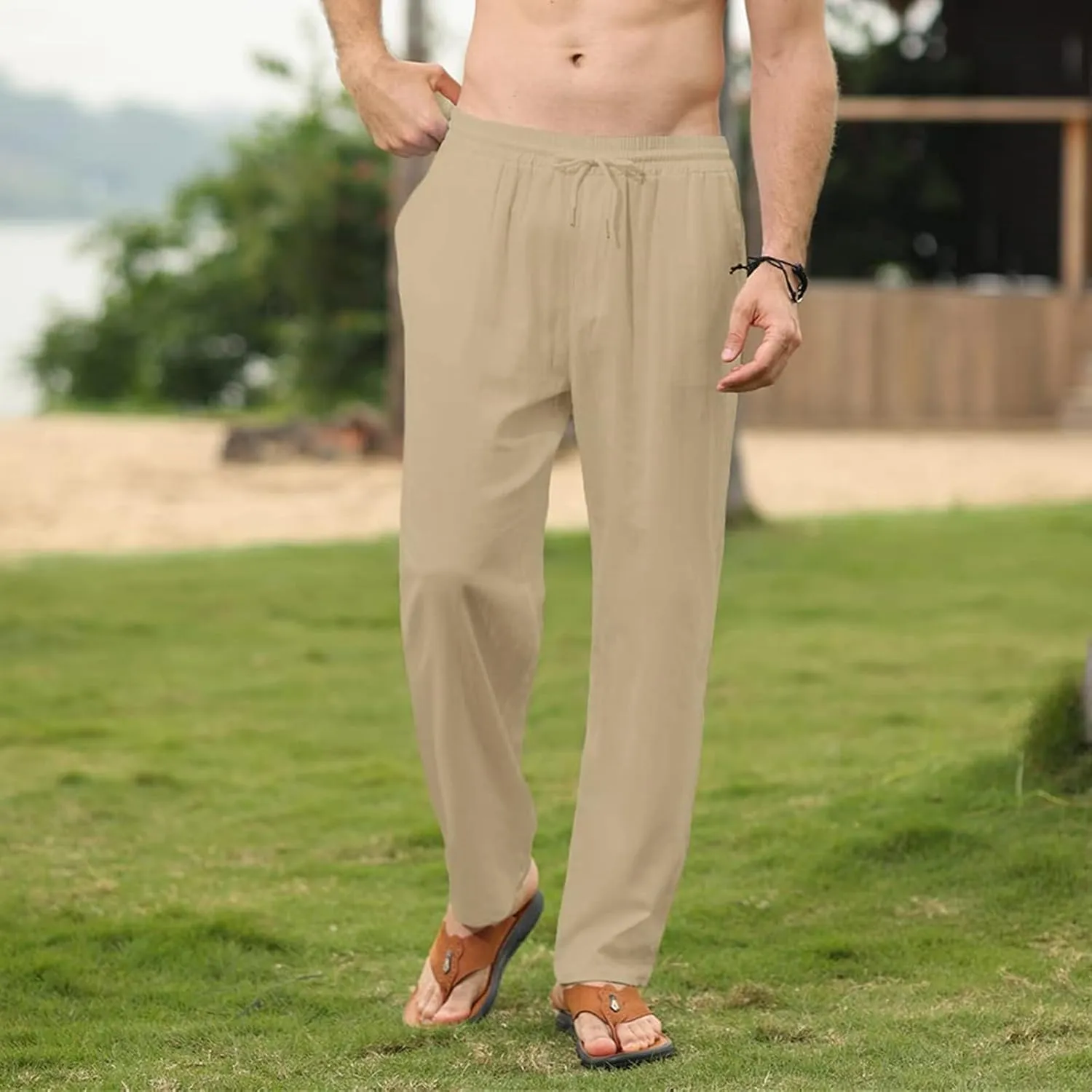 Men's Casual Pants Breathable Sweatpants Lightweight Linen Drawstring Trousers for Workout Beach Yoga Sweatpants