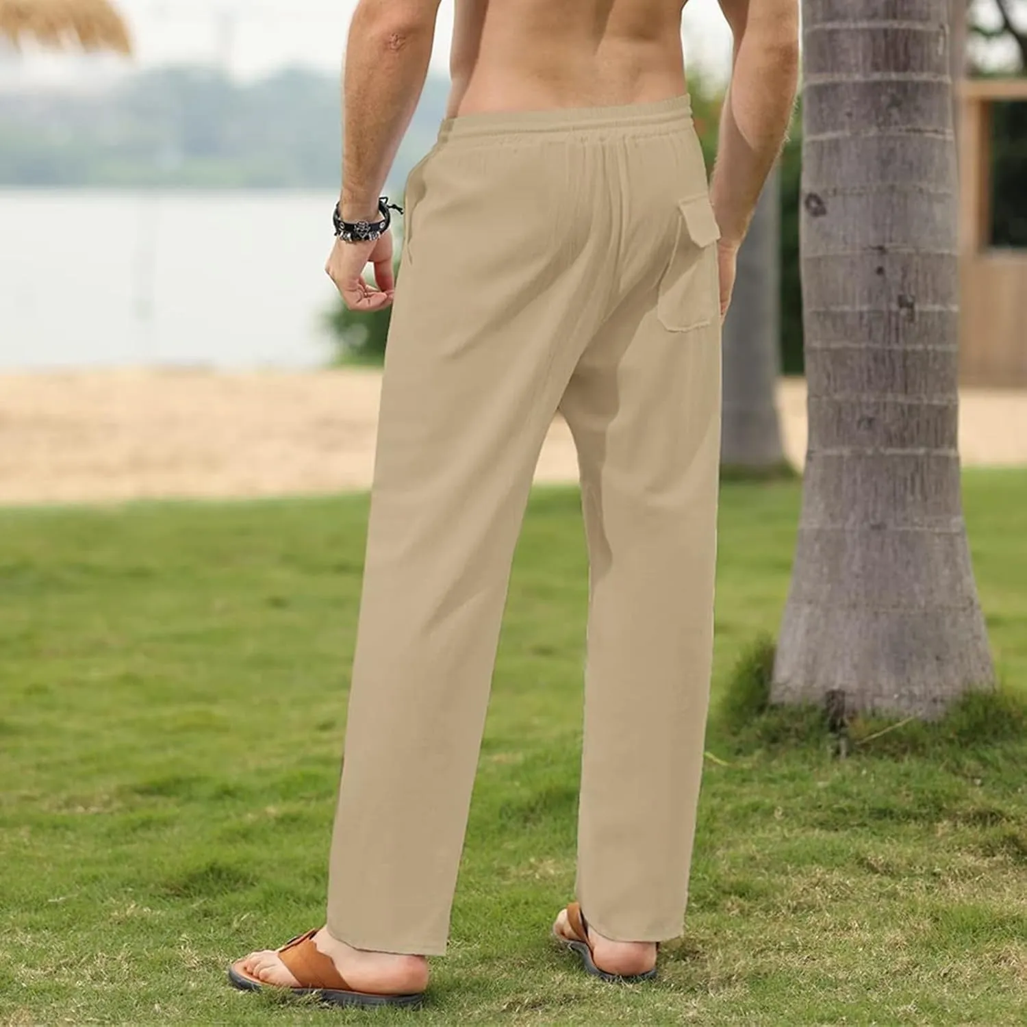 Men's Casual Pants Breathable Sweatpants Lightweight Linen Drawstring Trousers for Workout Beach Yoga Sweatpants