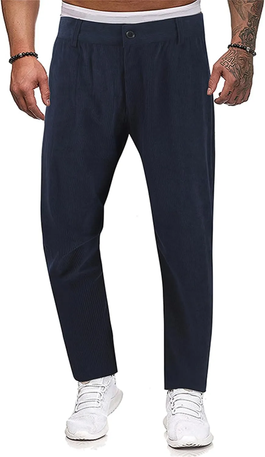 Mens Corduroy Pants Regular Fit Casual Elastic Waist Straight Leg Pants Tapered Flat-Front Chino Pants with Pockets