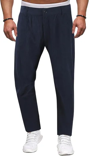 Mens Corduroy Pants Regular Fit Casual Elastic Waist Straight Leg Pants Tapered Flat-Front Chino Pants with Pockets