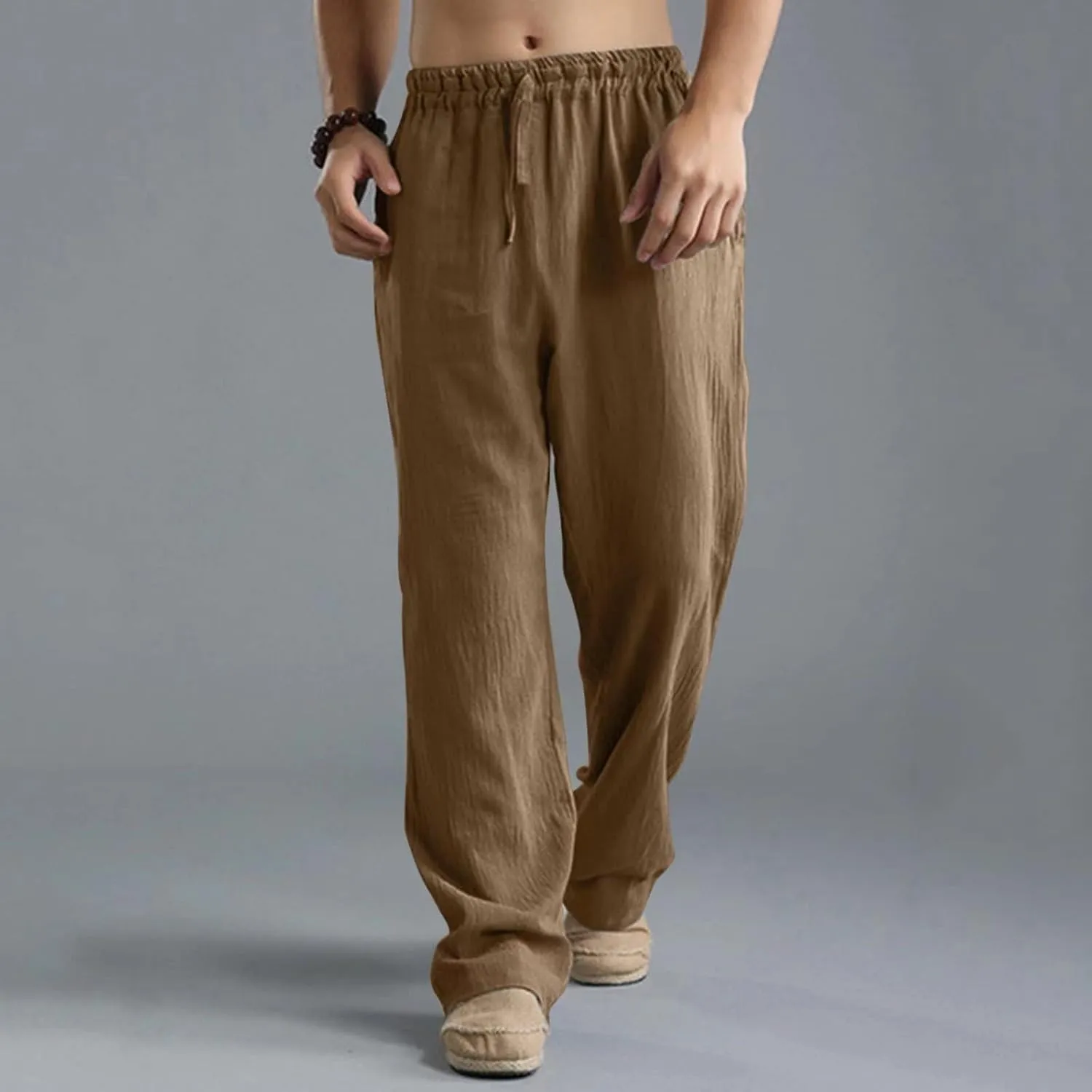 Men's Cotton Linen Pants Elastic Waist with Drawstring High Waisted Palazzo Loose Fit Straight Wide Legs for Yoga Beach
