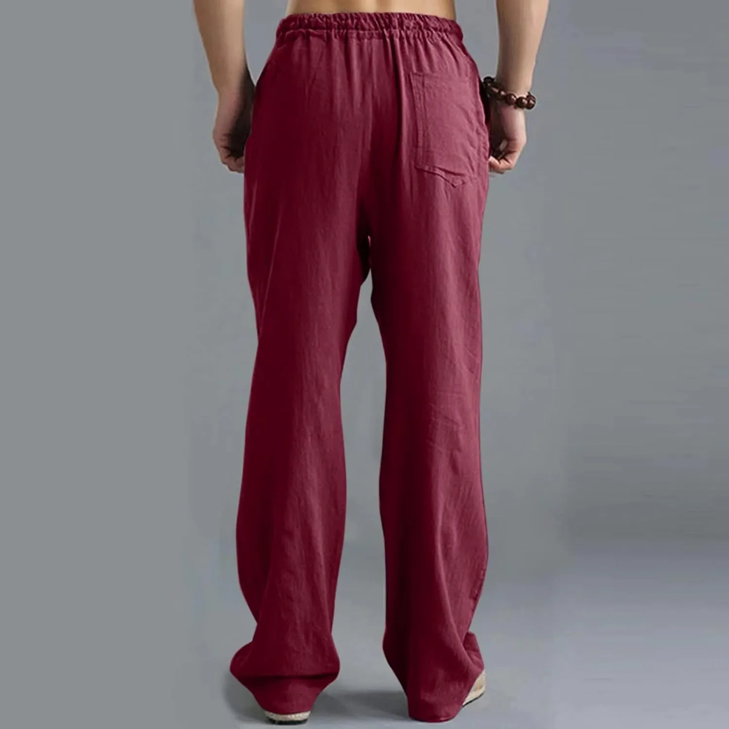 Men's Cotton Linen Pants Elastic Waist with Drawstring High Waisted Palazzo Loose Fit Straight Wide Legs for Yoga Beach