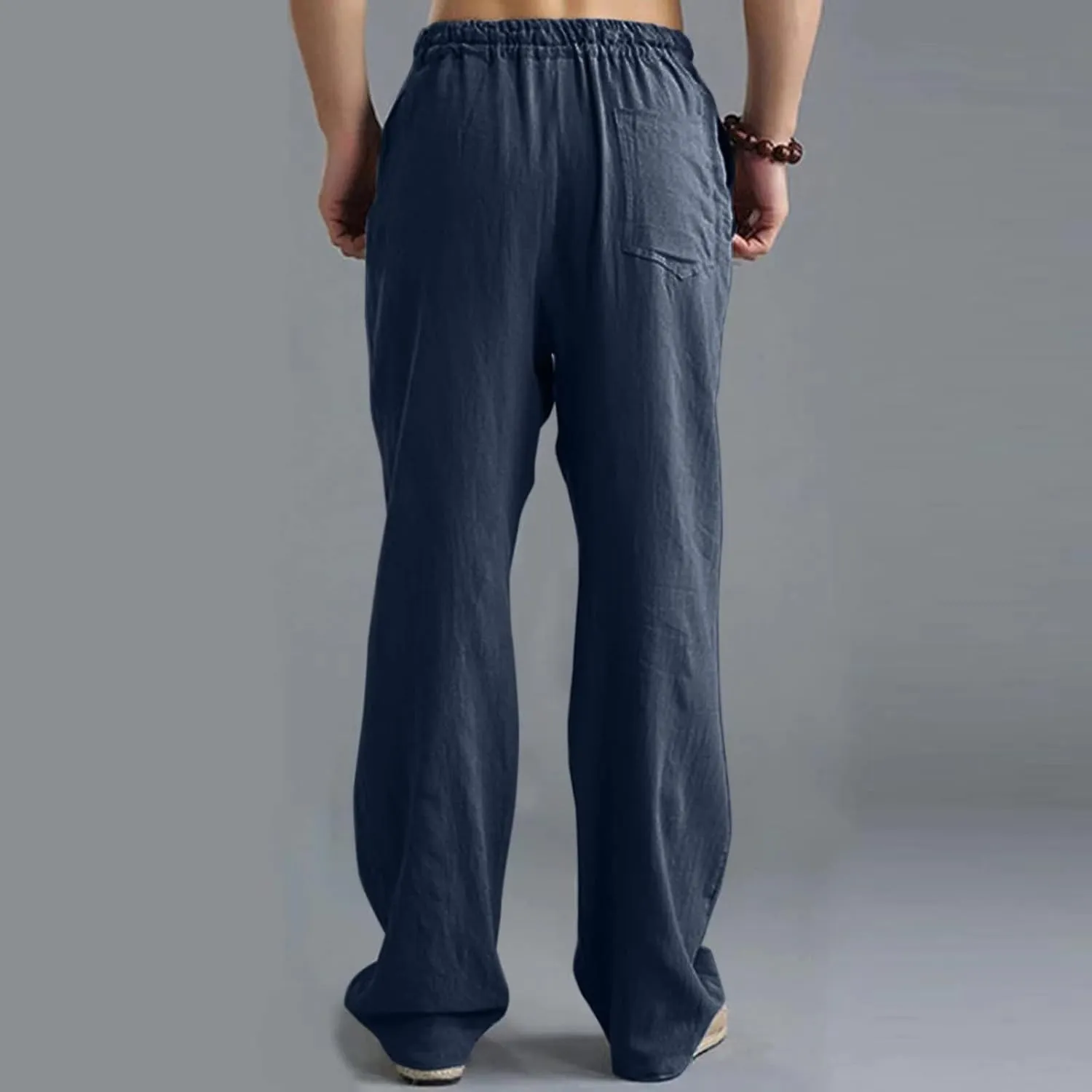 Men's Cotton Linen Pants Elastic Waist with Drawstring High Waisted Palazzo Loose Fit Straight Wide Legs for Yoga Beach
