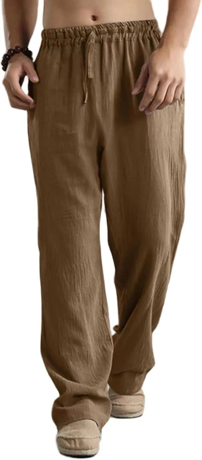 Men's Cotton Linen Pants Elastic Waist with Drawstring High Waisted Palazzo Loose Fit Straight Wide Legs for Yoga Beach