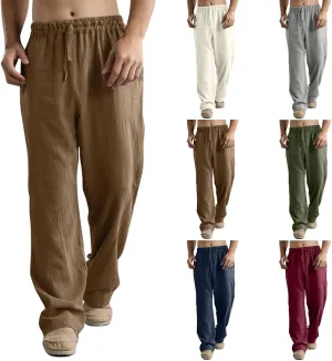 Men's Cotton Linen Pants Elastic Waist with Drawstring High Waisted Palazzo Loose Fit Straight Wide Legs for Yoga Beach