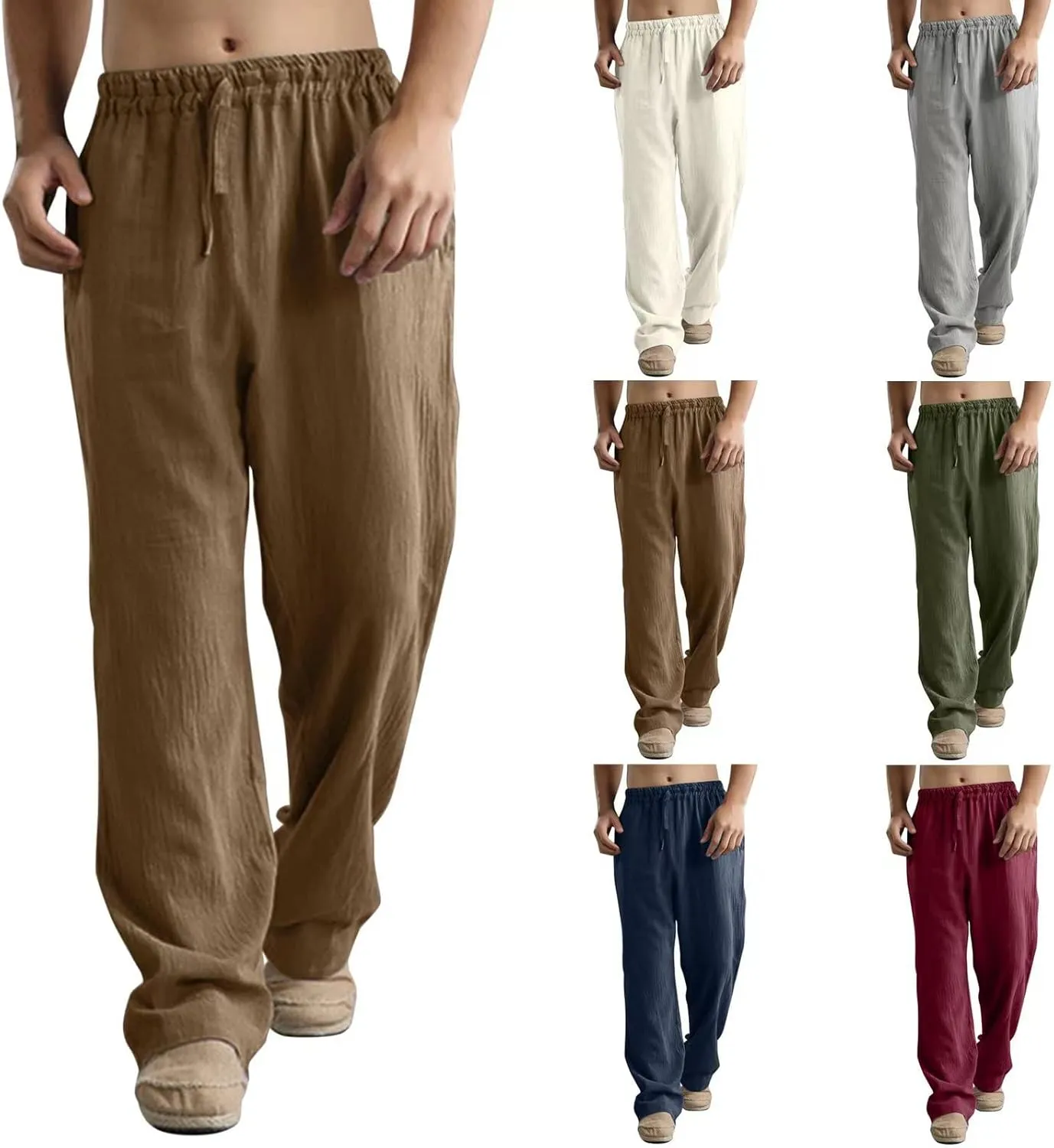 Men's Cotton Linen Pants Elastic Waist with Drawstring High Waisted Palazzo Loose Fit Straight Wide Legs for Yoga Beach