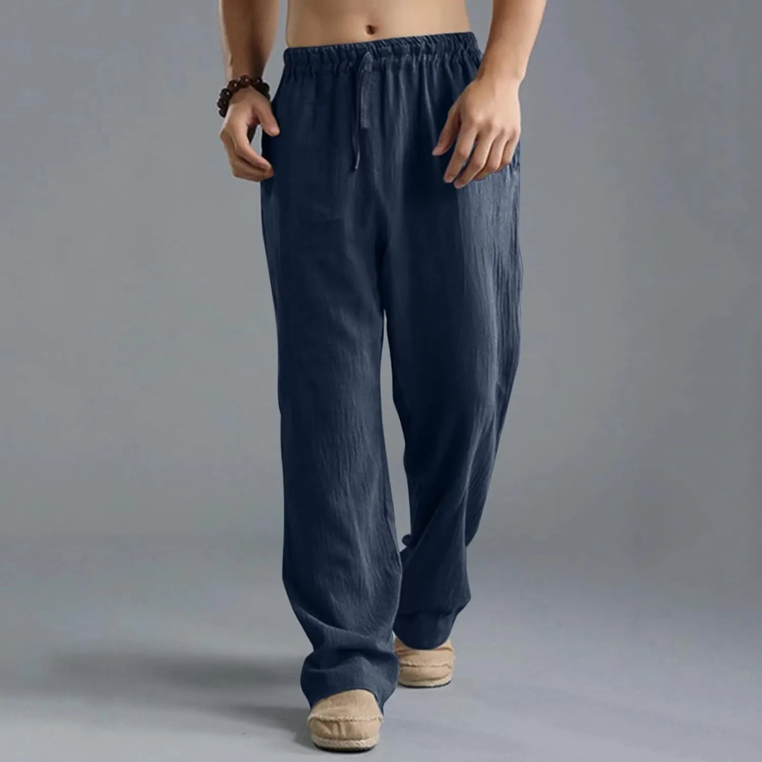 Men's Cotton Linen Pants Elastic Waist with Drawstring High Waisted Palazzo Loose Fit Straight Wide Legs for Yoga Beach