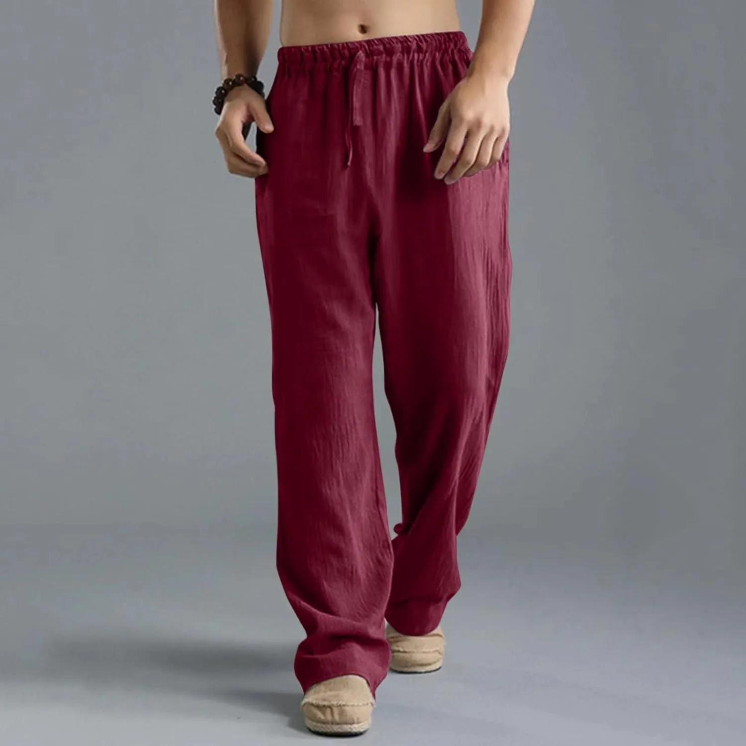 Men's Cotton Linen Pants Elastic Waist with Drawstring High Waisted Palazzo Loose Fit Straight Wide Legs for Yoga Beach