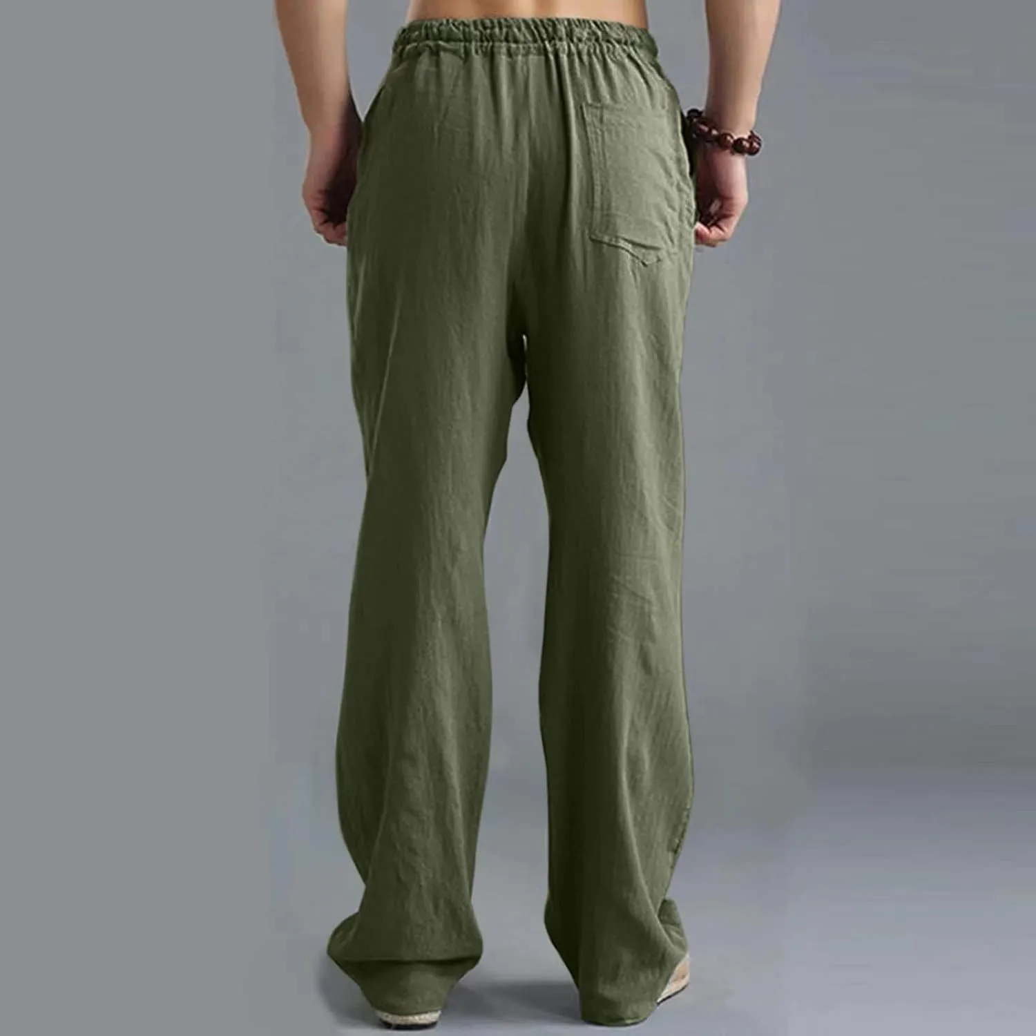 Men's Cotton Linen Pants Elastic Waist with Drawstring High Waisted Palazzo Loose Fit Straight Wide Legs for Yoga Beach