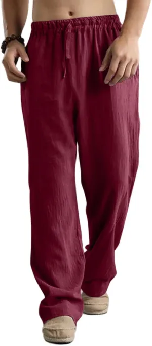 Men's Cotton Linen Pants Elastic Waist with Drawstring High Waisted Palazzo Loose Fit Straight Wide Legs for Yoga Beach