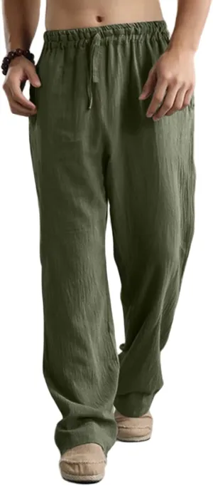 Men's Cotton Linen Pants Elastic Waist with Drawstring High Waisted Palazzo Loose Fit Straight Wide Legs for Yoga Beach