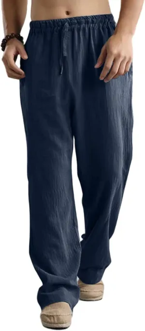 Men's Cotton Linen Pants Elastic Waist with Drawstring High Waisted Palazzo Loose Fit Straight Wide Legs for Yoga Beach