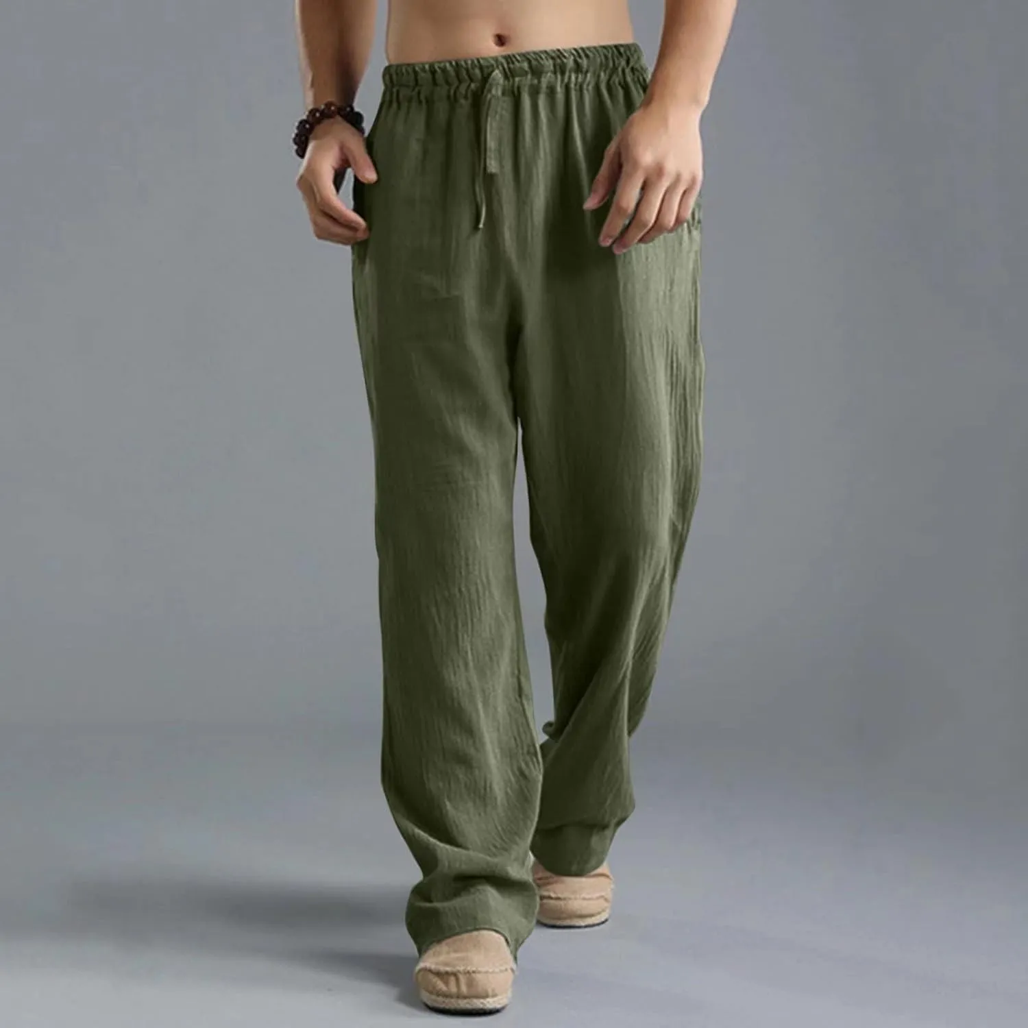 Men's Cotton Linen Pants Elastic Waist with Drawstring High Waisted Palazzo Loose Fit Straight Wide Legs for Yoga Beach
