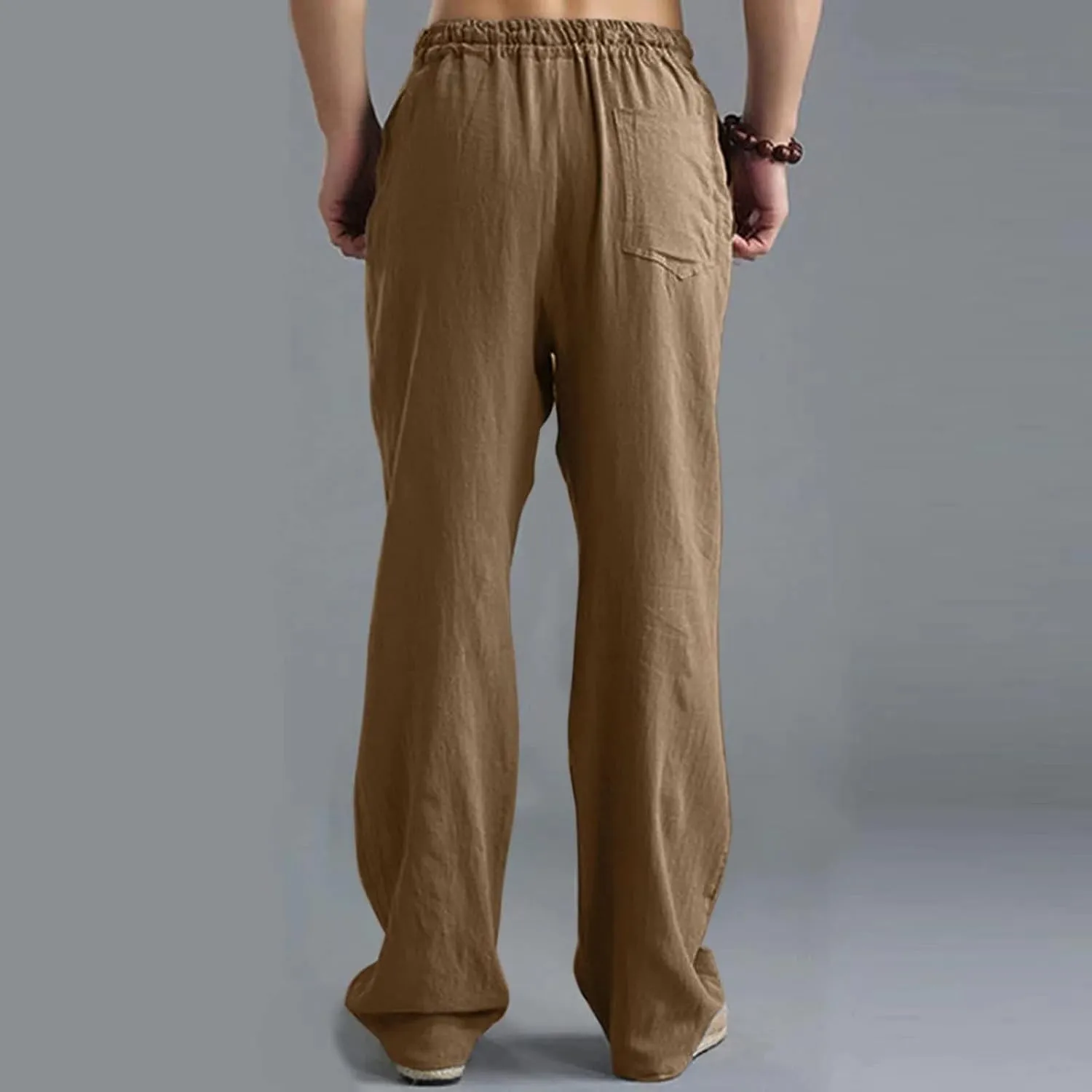 Men's Cotton Linen Pants Elastic Waist with Drawstring High Waisted Palazzo Loose Fit Straight Wide Legs for Yoga Beach