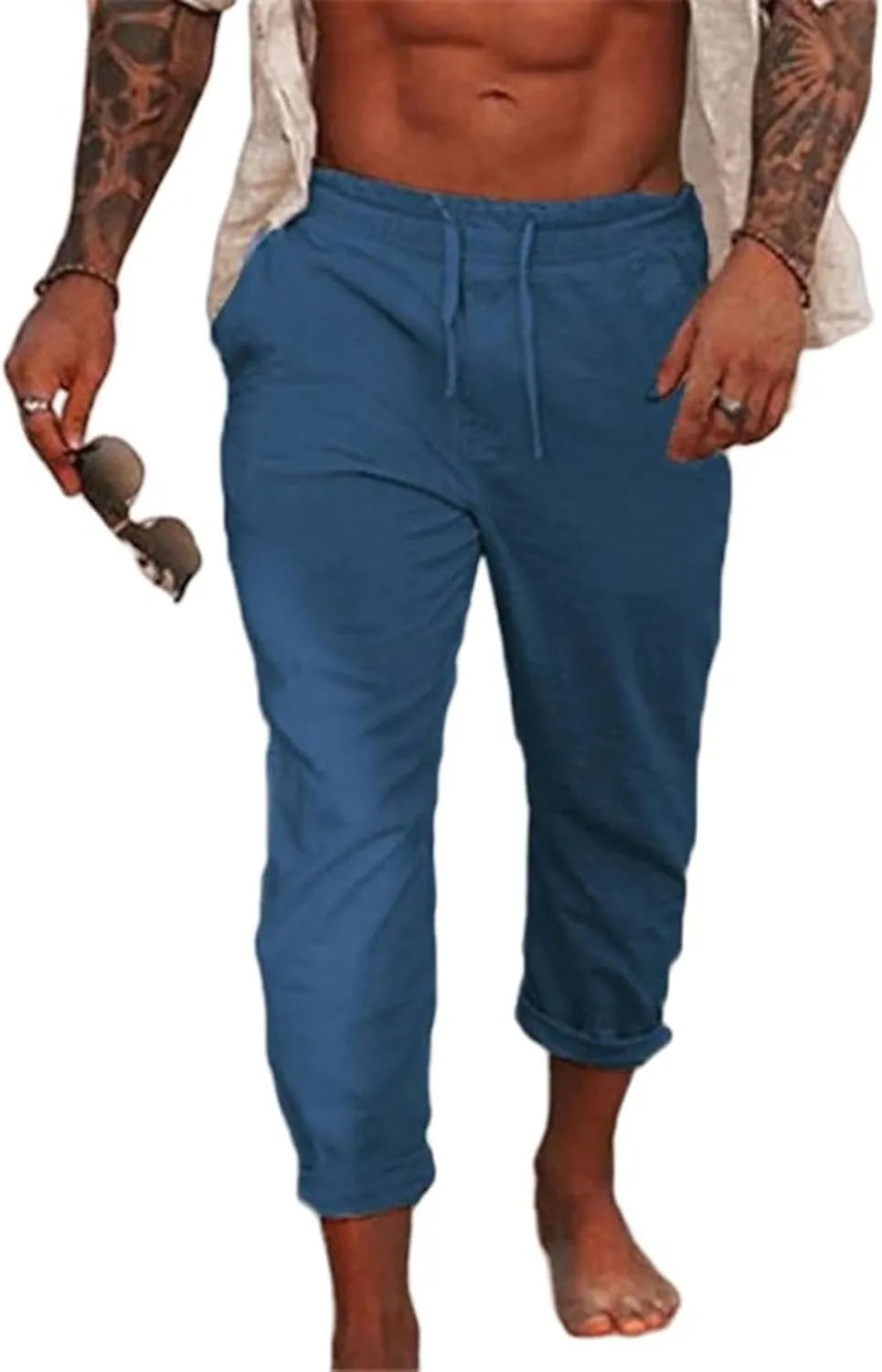 Men's Cotton Linen Pants Lightweight Black Dress Pants Cargo Pants Casual Yoga Trousers with Drawstrings