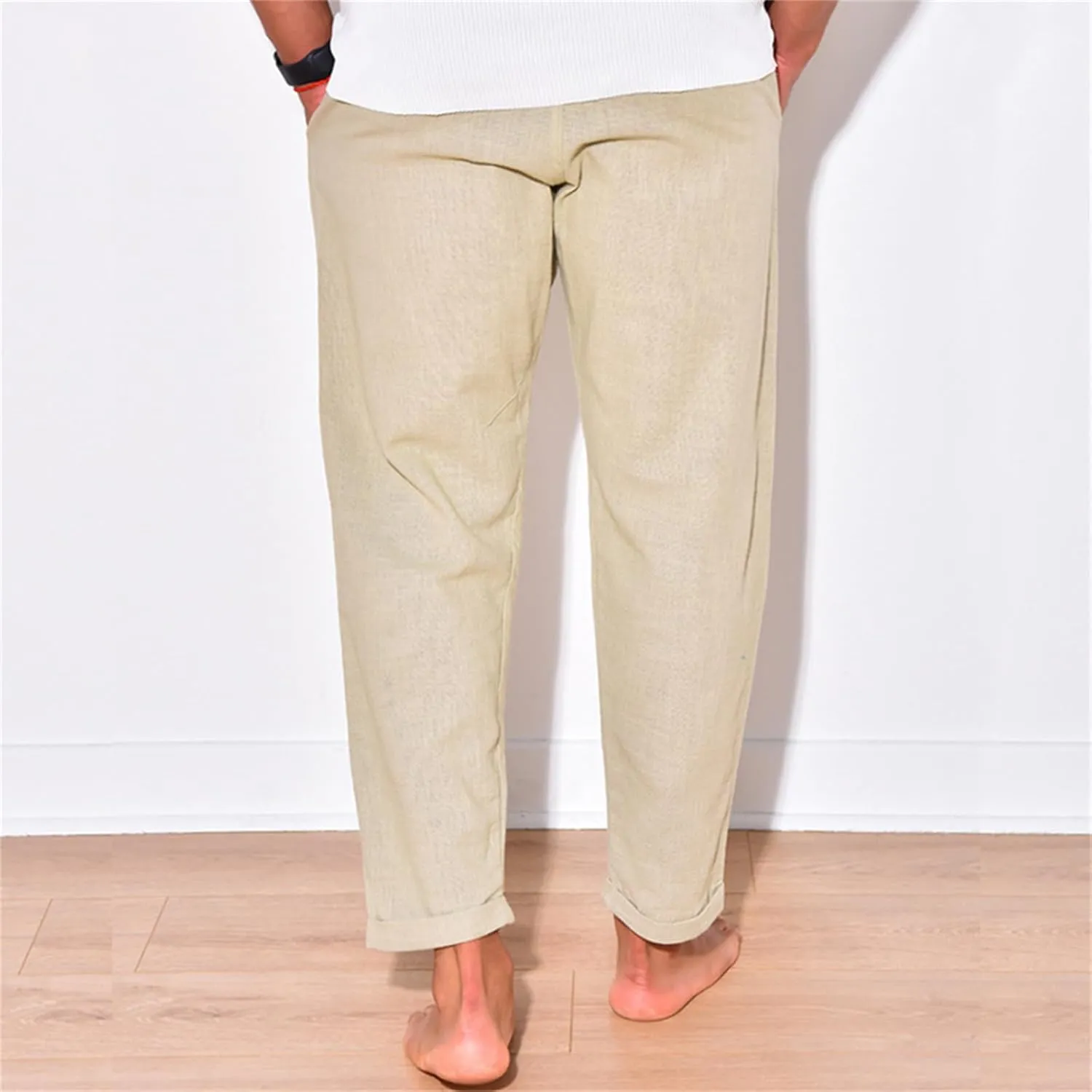 Men's Linen Cotton Pants Casual Beach Trousers Fit Elastic Waist Joggers Drawstring Pants for All Season
