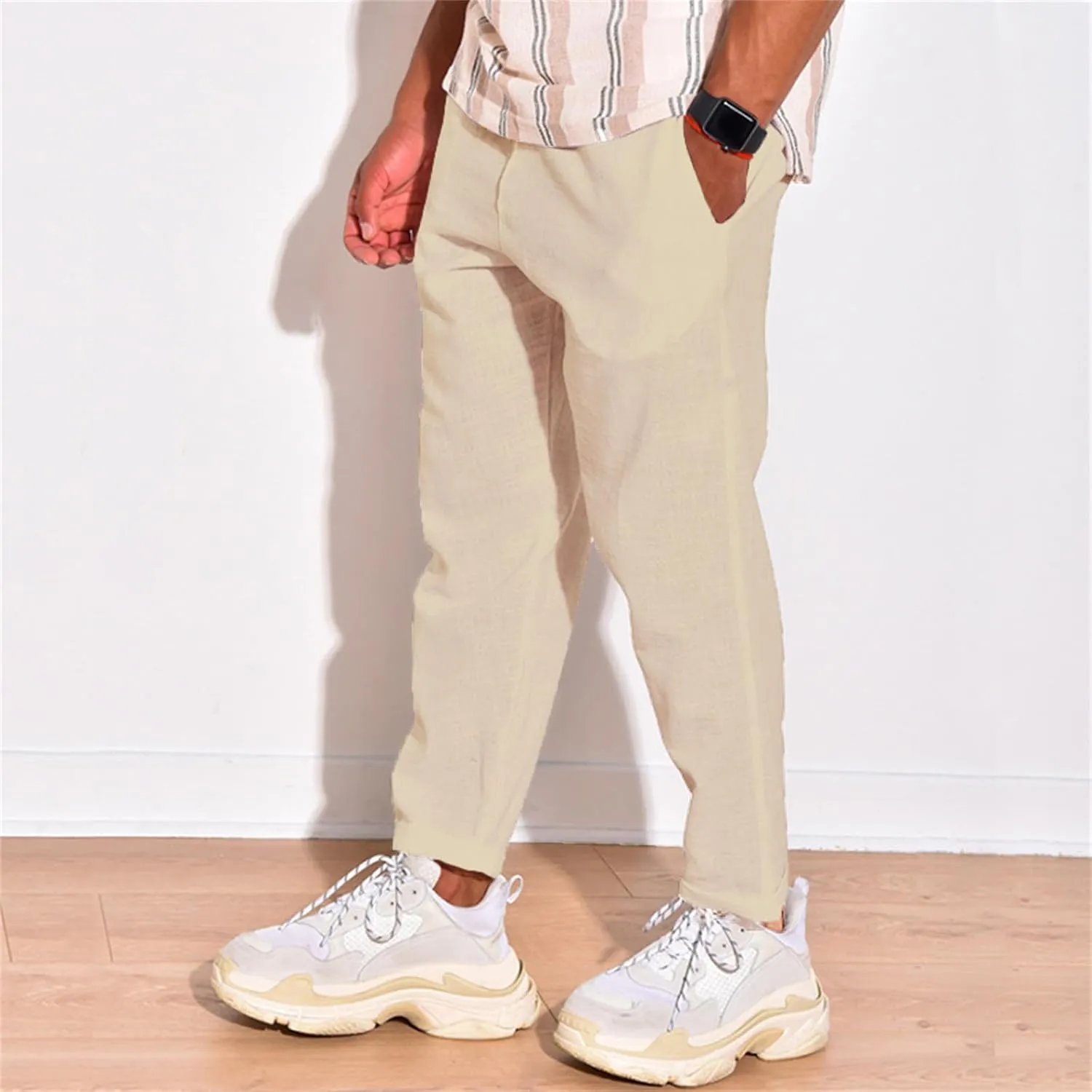 Men's Linen Cotton Pants Casual Beach Trousers Fit Elastic Waist Joggers Drawstring Pants for All Season