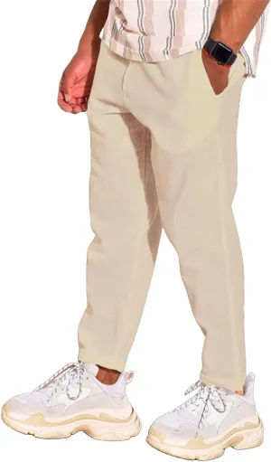 Men's Linen Cotton Pants Casual Beach Trousers Fit Elastic Waist Joggers Drawstring Pants for All Season