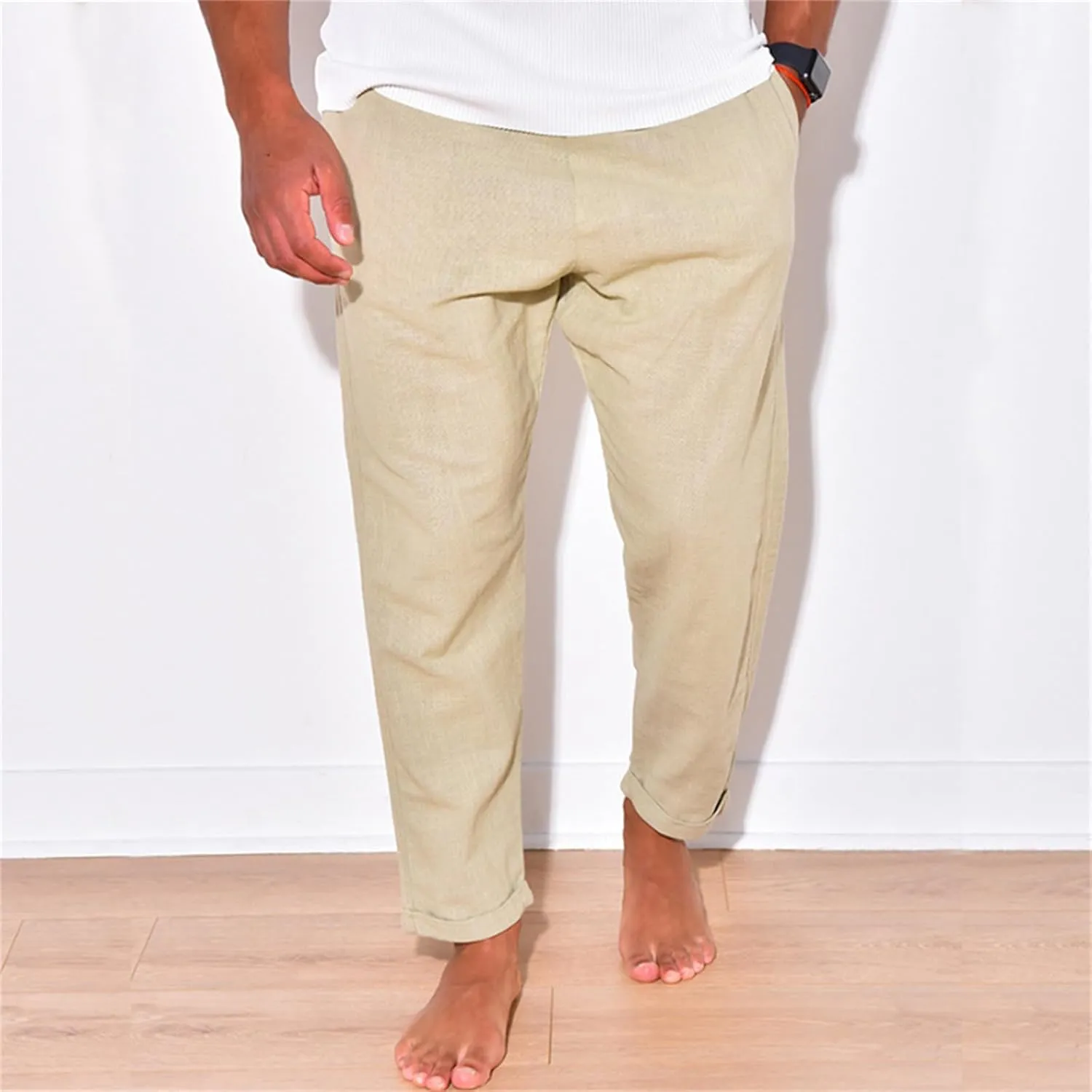 Men's Linen Cotton Pants Casual Beach Trousers Fit Elastic Waist Joggers Drawstring Pants for All Season