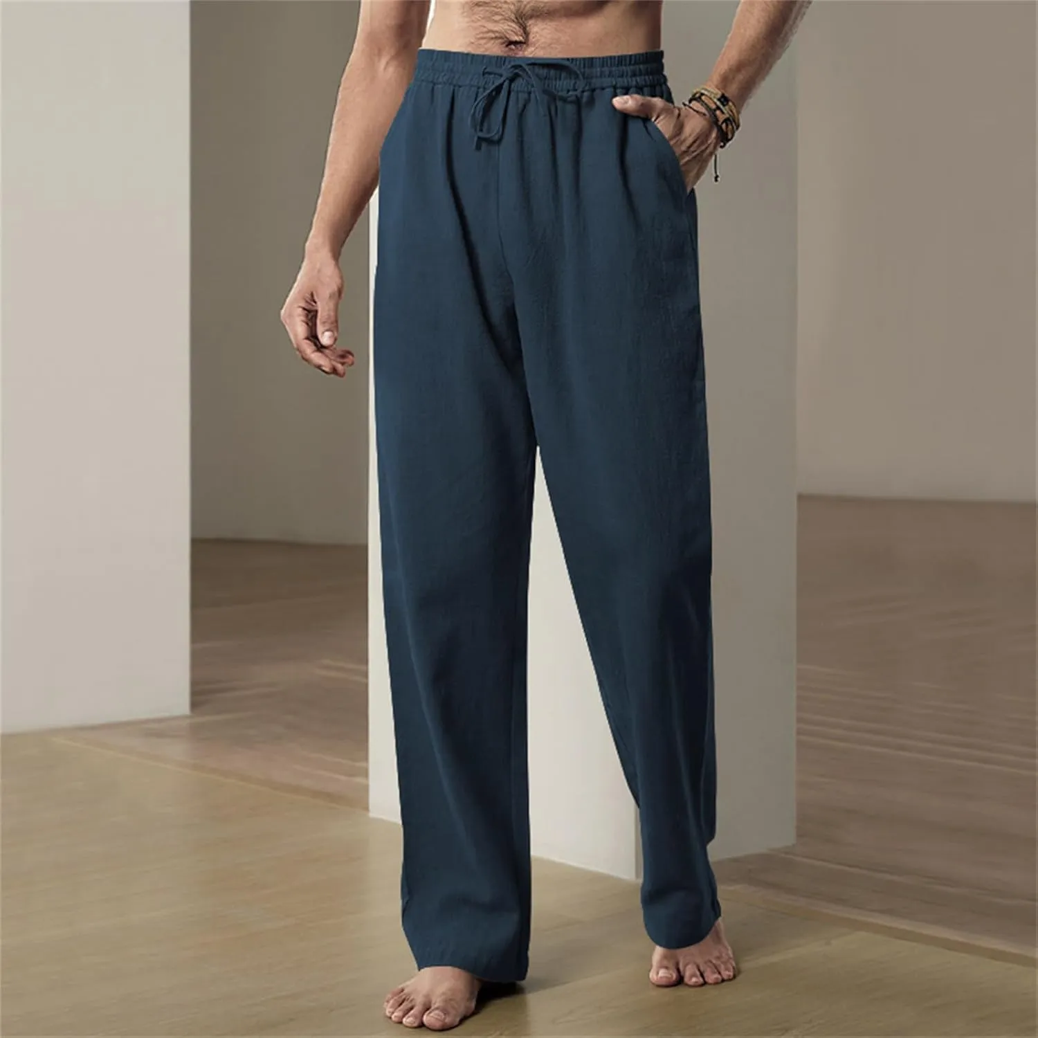 Men's Linen Pants Drawstring Elastic Waist for Yoga Beach Casual Wear Lightweight Loose Fit for Warm Weather