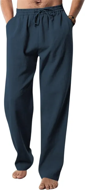 Men's Linen Pants Drawstring Elastic Waist for Yoga Beach Casual Wear Lightweight Loose Fit for Warm Weather