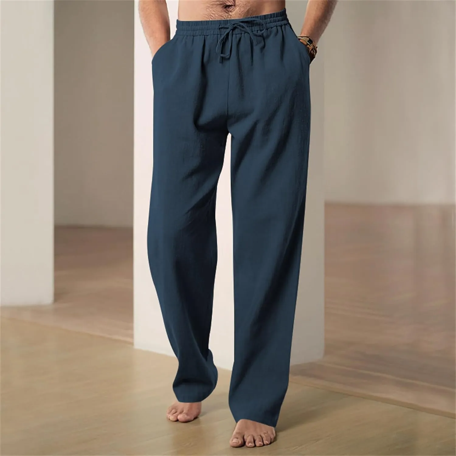 Men's Linen Pants Drawstring Elastic Waist for Yoga Beach Casual Wear Lightweight Loose Fit for Warm Weather