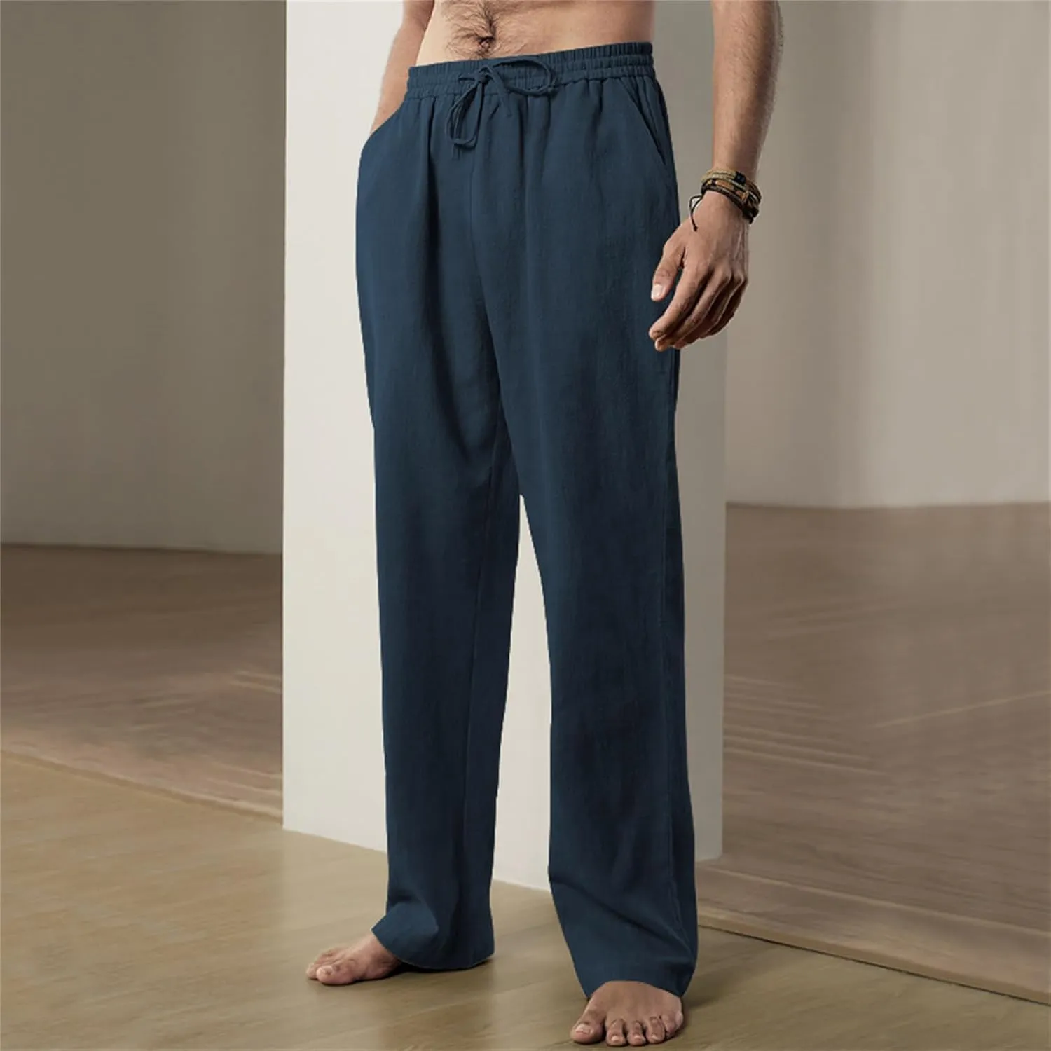 Men's Linen Pants Drawstring Elastic Waist for Yoga Beach Casual Wear Lightweight Loose Fit for Warm Weather