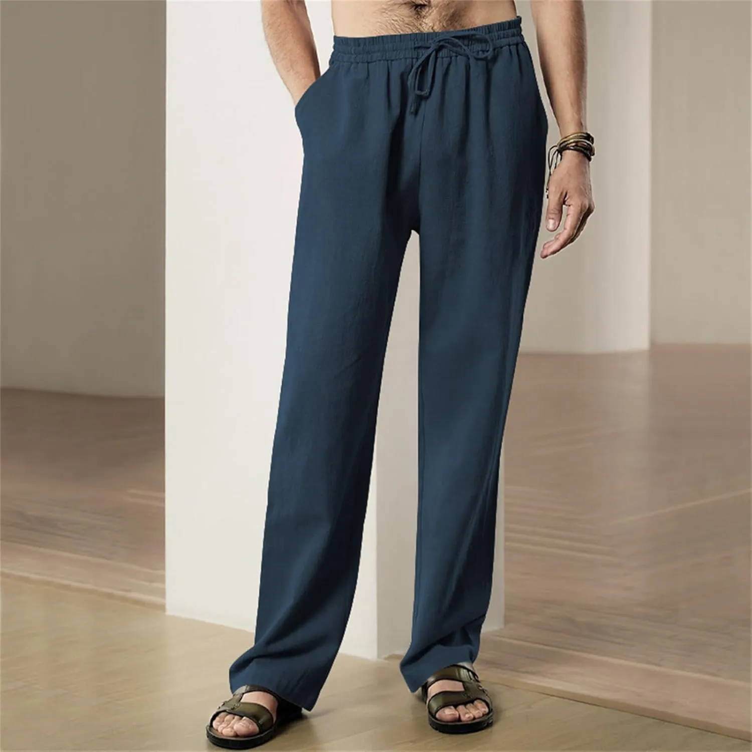 Men's Linen Pants Drawstring Elastic Waist for Yoga Beach Casual Wear Lightweight Loose Fit for Warm Weather