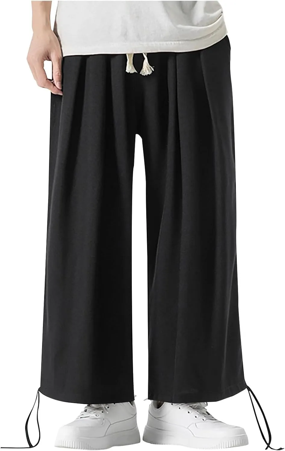 Men's Pants Casual Relaxed Fit Cotton Linen Pants Wide Leg Drawstring Adjustable Cinch Bottom Lounge Summer Trousers