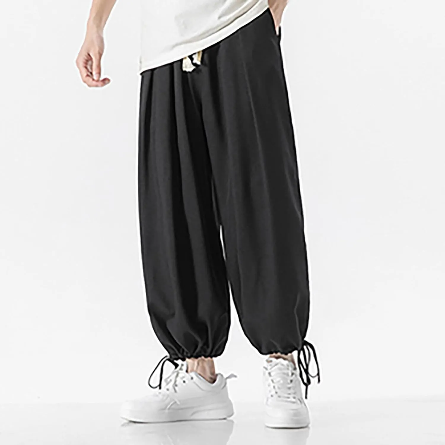 Men's Pants Casual Relaxed Fit Cotton Linen Pants Wide Leg Drawstring Adjustable Cinch Bottom Lounge Summer Trousers