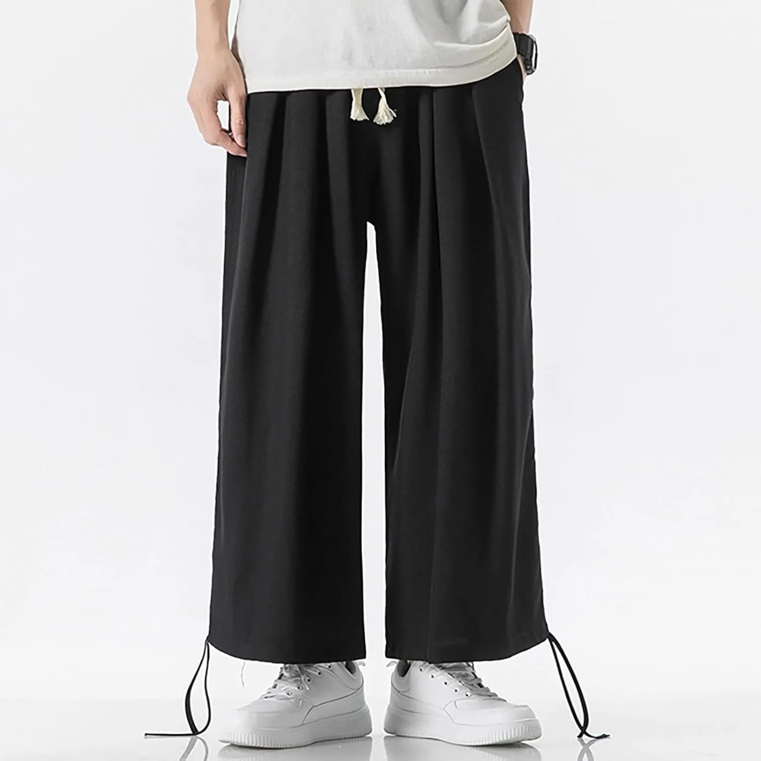 Men's Pants Casual Relaxed Fit Cotton Linen Pants Wide Leg Drawstring Adjustable Cinch Bottom Lounge Summer Trousers