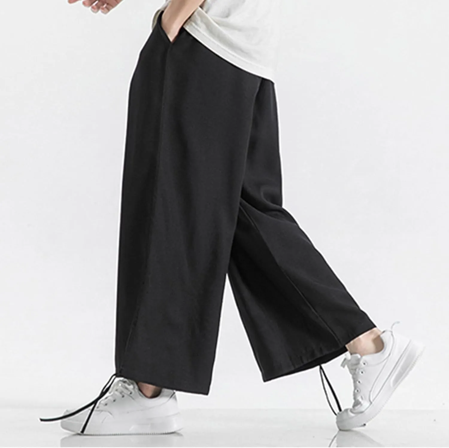 Men's Pants Casual Relaxed Fit Cotton Linen Pants Wide Leg Drawstring Adjustable Cinch Bottom Lounge Summer Trousers