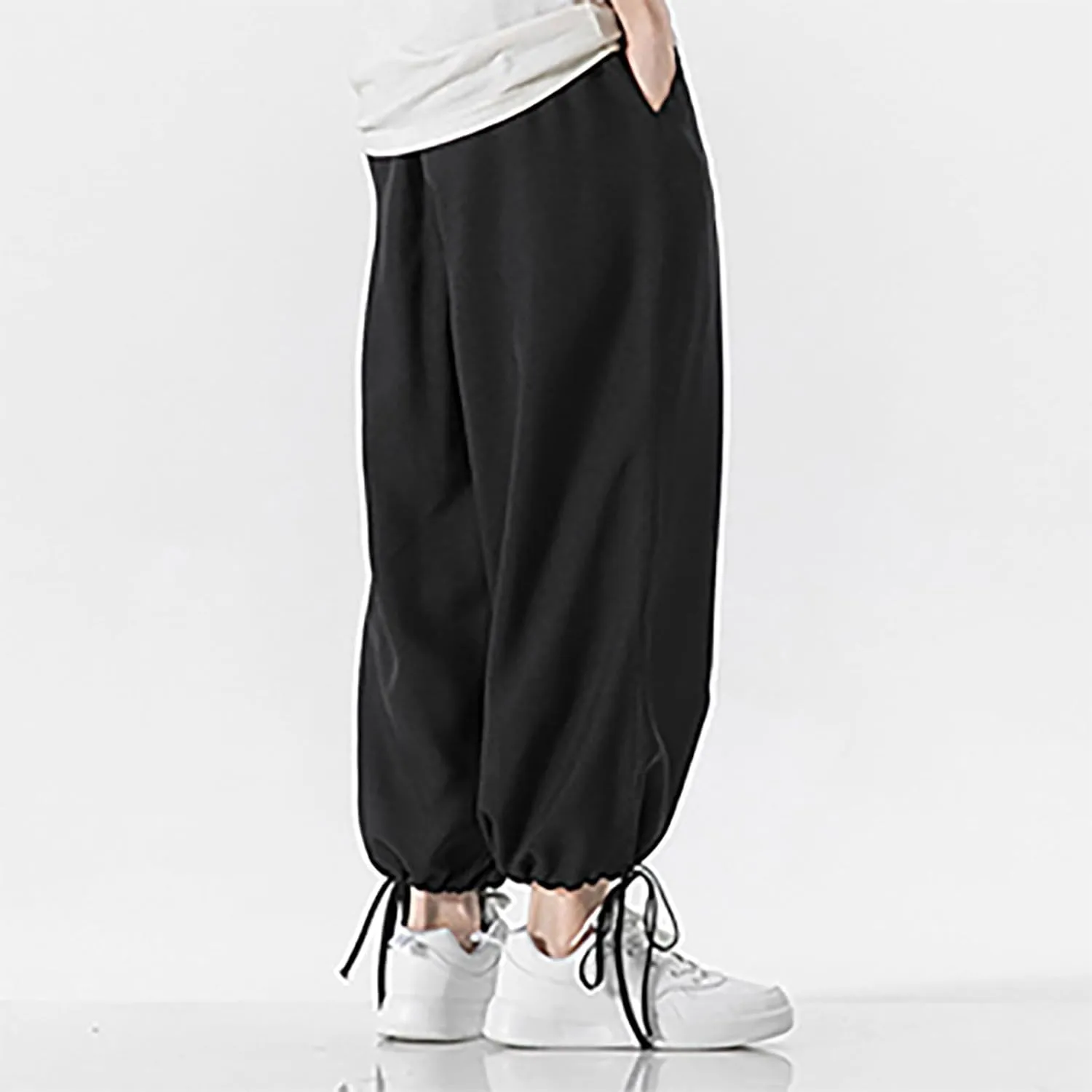 Men's Pants Casual Relaxed Fit Cotton Linen Pants Wide Leg Drawstring Adjustable Cinch Bottom Lounge Summer Trousers