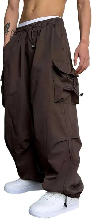 Men's Trendy Loose Fit Baggy Parachute Cargo Pants Drawstring Casual Harem Joggers with Pockets for Outdoor Work Beach