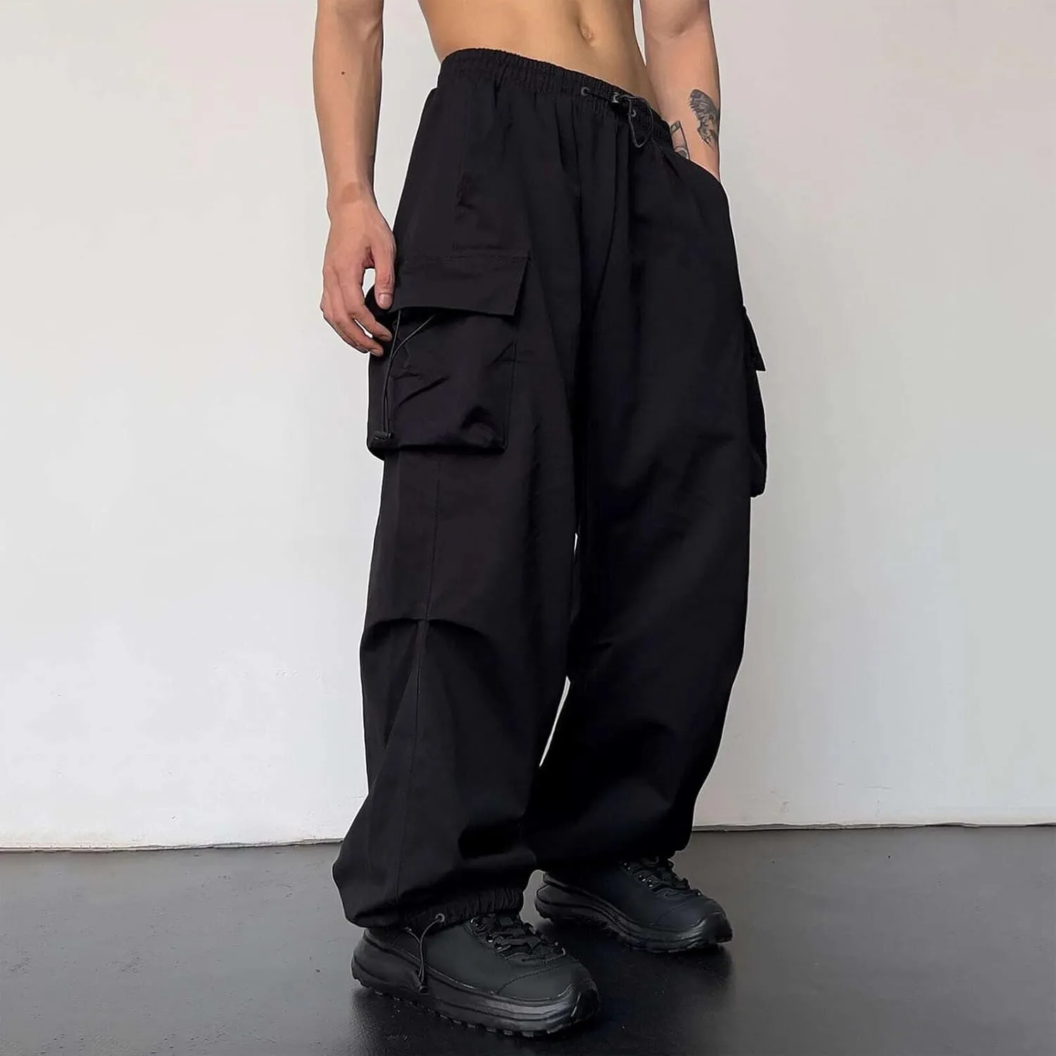 Men's Trendy Loose Fit Baggy Parachute Cargo Pants Drawstring Casual Harem Joggers with Pockets for Outdoor Work Beach